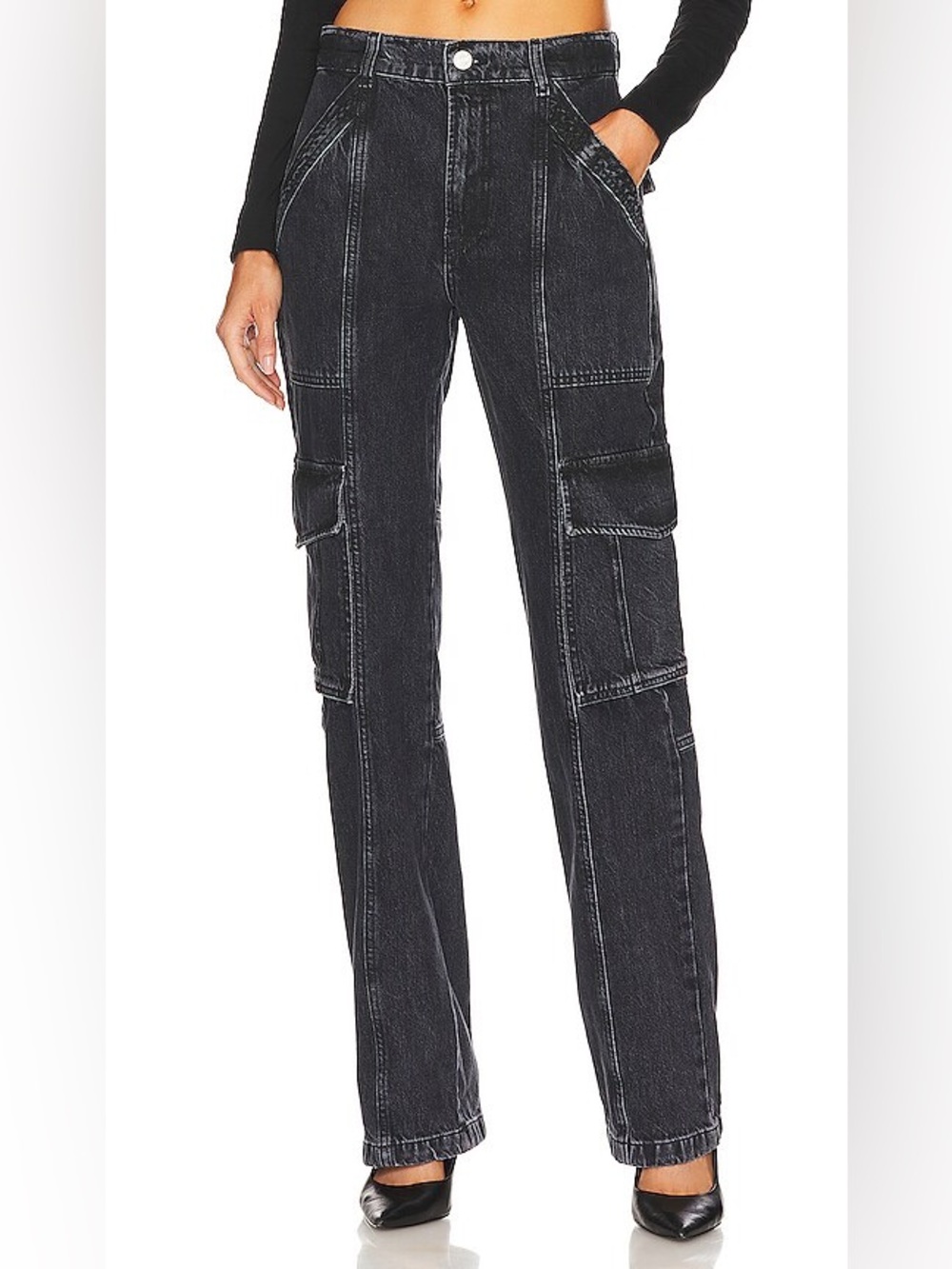 FRAME High Rise Utility Straight Leg Ashtray Black Cargo Jeans Size 25